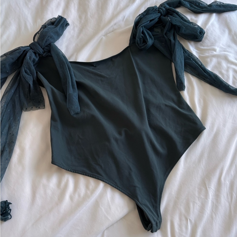 Free People Dark Green Bodysuit with Bows